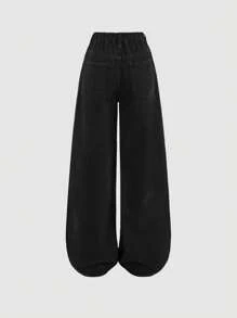 SHEIN Girlism 少女休闲百搭纯色阔腿牛仔裤 - 黑色 - 查看 2