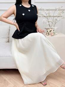 Modelyn 2pcs/Set Plus Size Women 3D Floral Sleeveless Top & Long Skirt - Multicolor - View 4