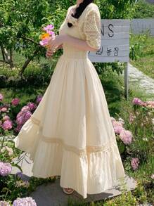 DAZY Vestido de verano de largo medio con diseño de volantes en el bajo y parches de encaje de unicolor de manga corta para mujer - Beis - Ver 6