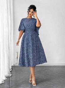 Elenzga 加大码女式碎花圆领荷叶边袖腰 A 字中长连衣裙，优雅户外穿着 - 藍色 - 查看 4