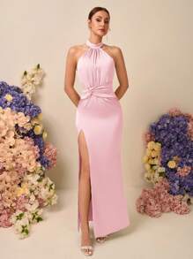 SHEIN Belle Elegante abito da sirena con collo alla francese in raso, arricciature, torsione, spacco alto e schiena scoperta, adatto per matrimoni, eventi, appuntamenti, damigelle d'onore