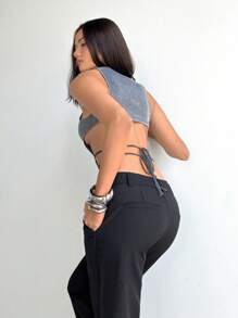 Aloruh 女士圆领无袖镂空细肩带金属线音乐节露脐性感背心 - 銀色 - 查看 2