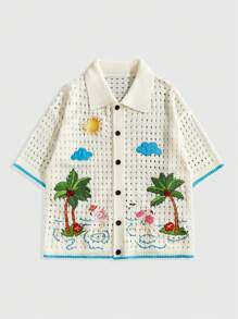ROMWE MEN Casual Men's Vacation Palm Tree Print Hollow-Out Single-Breasted Knit Shirt - White - View 1