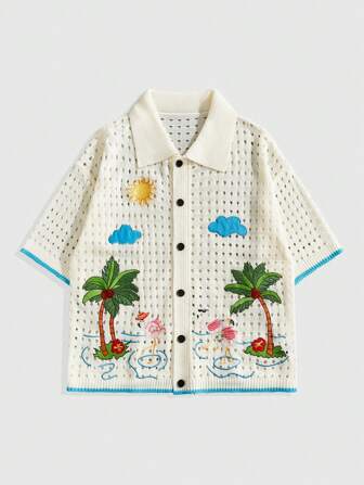 Street Life Chemise tricotée à simple boutonnage avec motif d'arbre de palmier ajouré, pour hommes en vacances