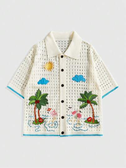 Casual Men's Vacation Palm Tree Print Hollow-Out Single-Breasted Knit Shirt