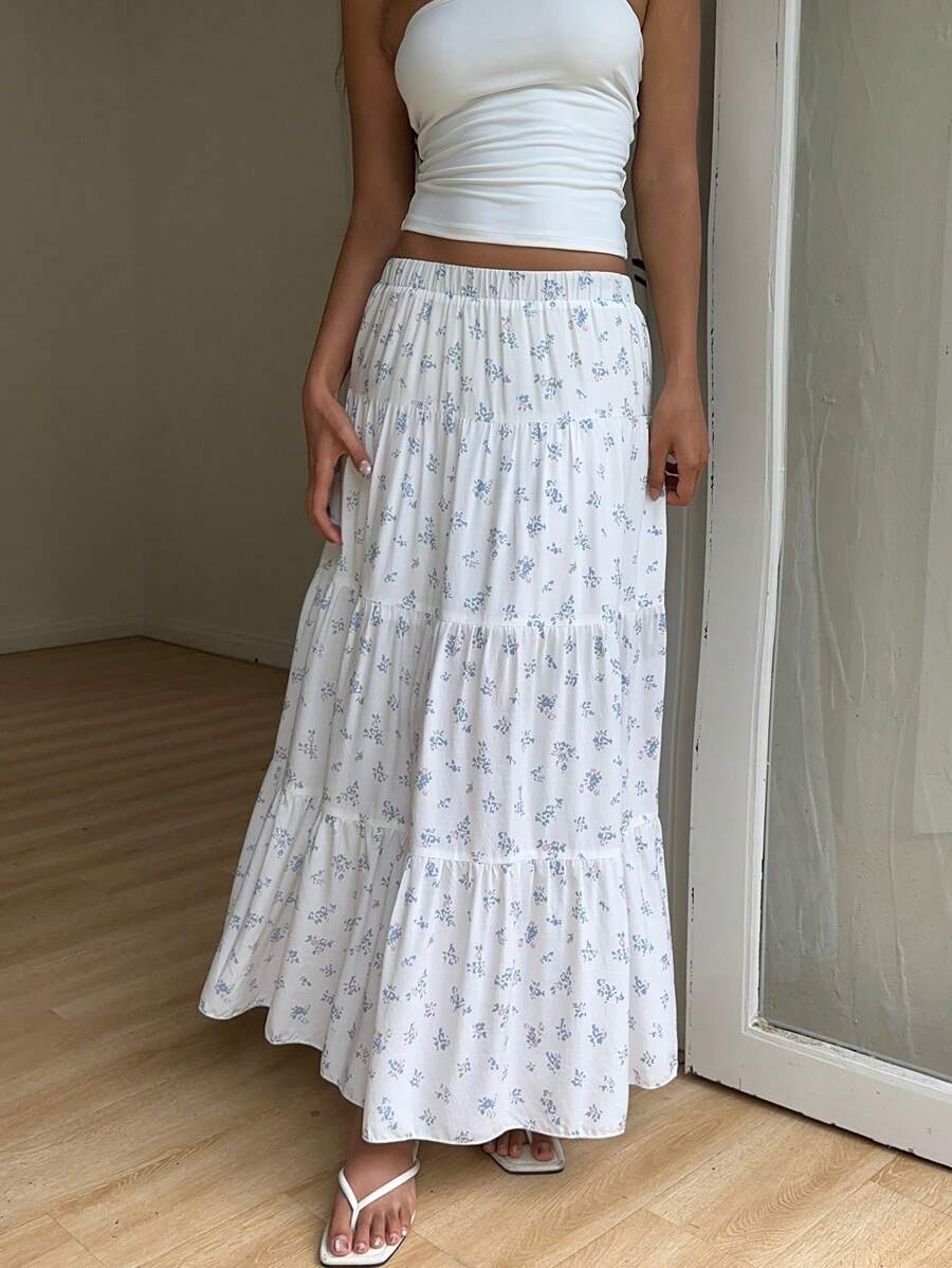 SHEIN EZwear Women Floral Print Elastic Waist Ruffled Hem A-Line Skirt