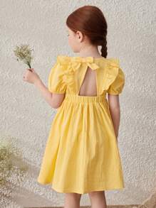 Blossori Young Girls' Rustic Vacation Ruffle Trim Puff Sleeve Dress - Yellow - View 1