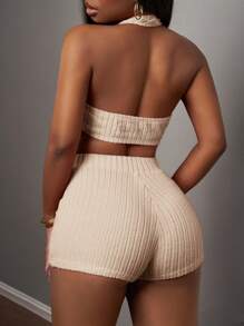 Slaydiva 2pcs Summer New Arrival Women Casual Sexy Solid Fuchsia Backless Halter V-Neck Sleeveless Top And Shorts Set