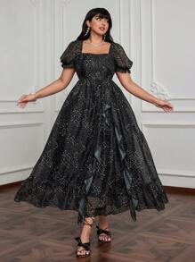 Lyrianda Plus Size Romantic Square Neck Cinched Waist Ruffle Hem Dress