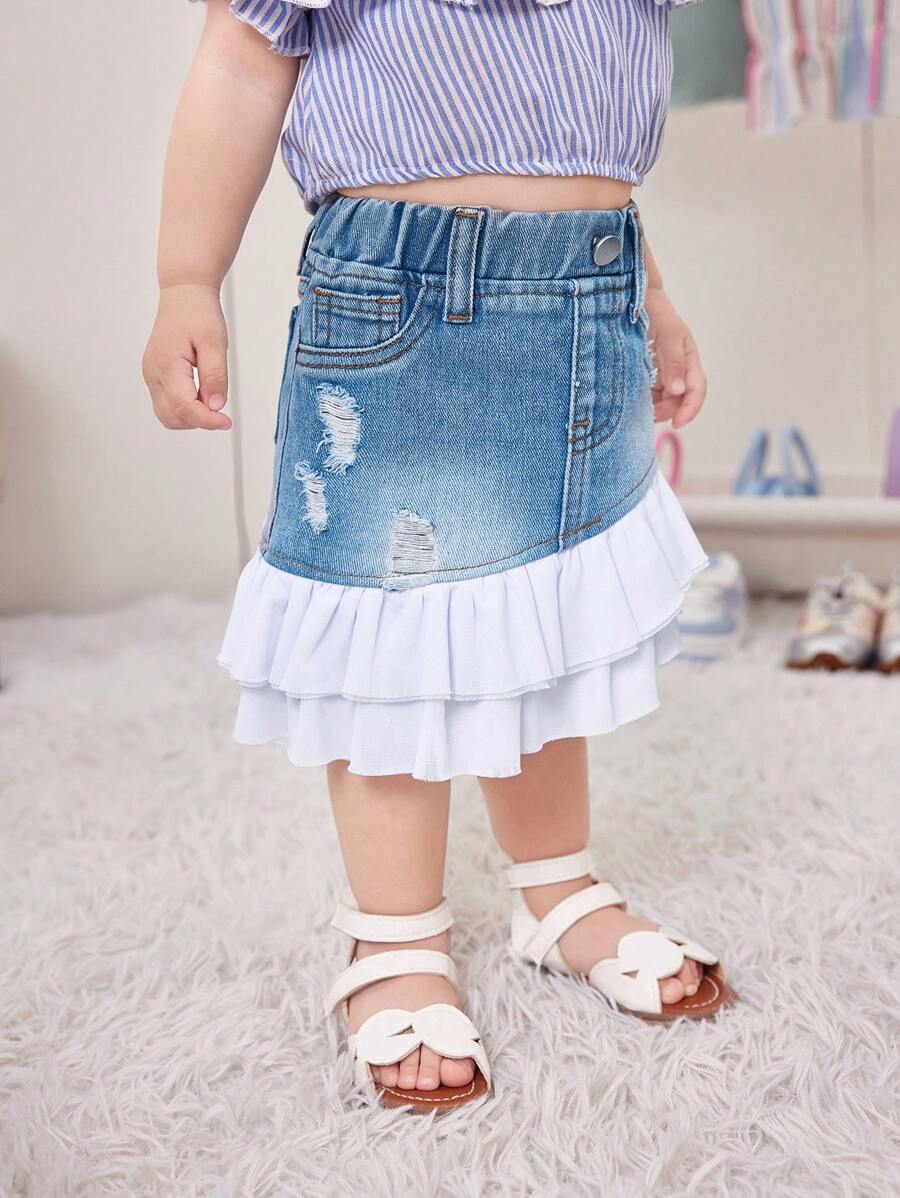 Toddler Girls' Plain Simple Daily Denim & Mesh Contrast A-Line Skirt - Light Wash - View 1