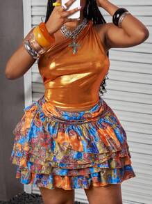 Slaydiva 2025 Spring/Summer New Casual Holiday Gathering One Shoulder Coated Vest & Layered Ruffle Skater Skirt Set For Plus Size Women - Multicolor - View 13