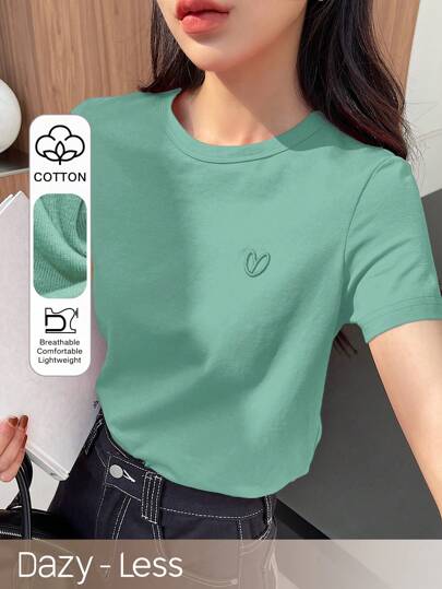 DAZY 宽松休闲纯色刺绣心形图案短袖T恤，女士商务休闲