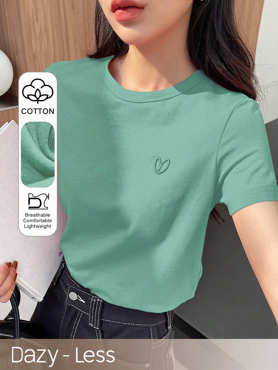 宽松休闲纯色刺绣心形图案短袖T恤，女士商务休闲 - 青檸色 - 查看 1