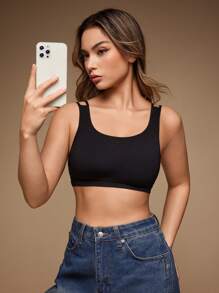 SHEIN 1 件女士无缝胸罩，黑色短款上衣 - 黑色 - 查看 4