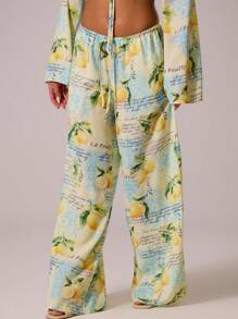 MUSERA Mid Rise Drawstring Waist Fruit Print Wide Leg Trousers Cover Up Summer Cute Vacation Holiday Festival Sexy Elegant Casual - Multicolor - View 2