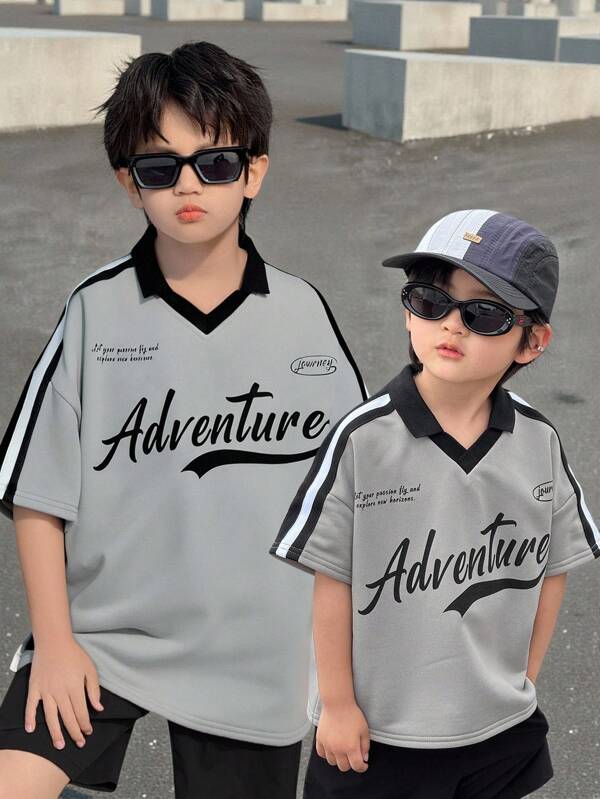 Kinder/Jugendliche Jungen Lässig vielseitiger bequemer Polo-Shirt mit Buchstabenprint, Rippstrick, locker sitzend, kurzärmlig, ideal für Schule, Garten, Strand, Geburtstag, Frühling/Sommer, Herbst/Winter