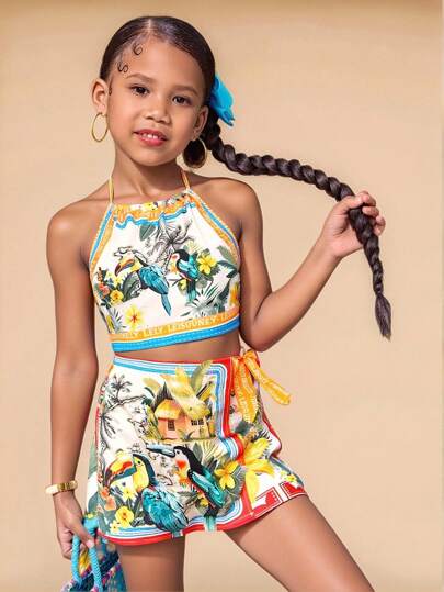 Travachic KIDS 2pcs/Set Young Girl Vacation Ditsy Floral Camisole And Shorts Set