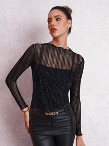 Lavishia Women Elegant Sexy Sparkling Gold And Silver Threads Mesh Tops - Black - View 4