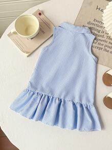 SHEIN 女婴 0-3 岁春夏休闲学院风日常百搭无袖 Polo 领蓝白条纹连衣裙，适合婴儿日常穿着 - 藍色 - 查看 2