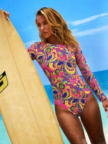 Swim SPRTY 1pc Women Modest Long Sleeve Abstract Print One-Piece Surfing Suit - Multicolor - View 1