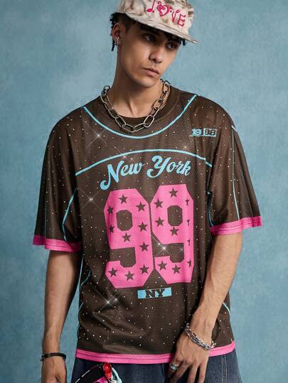 Street Life Men's Mesh Sparkling Number Diamond Decor Sports T-Shirt