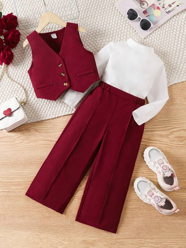 SHEIN Nuevo conjunto de primavera y otoño para niñas jóvenes, conjunto de 3 piezas con chaleco elegante + pantalones de pierna ancha + camiseta de manga larga, conjunto casual de exterior de 3 piezas, chaleco sin mangas rosa con botones + cómoda blusa de cuello alto de manga larga de punto + pantalones de pierna ancha, conjunto de ropa elegante europeo americano para niña pequeña