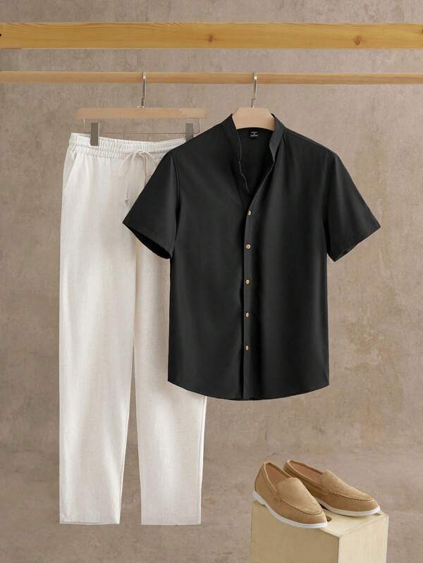 HIMLAND 2pcs/Set Men's Woven Fitted Notched Collar Short Sleeve Casual Shirt Set
