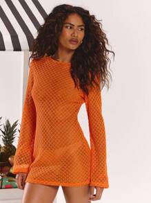 MUSERA 长款喇叭袖露背网纱针织迷你连衣裙 春夏伊比沙岛度假可爱节日海滩装扮波西米亚风优雅海滩节音乐会西部节 - 橘色 - 查看 1