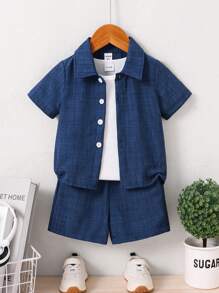 SHEIN 2pcs Set Casual Solid Color Vacation Open Collar Short Sleeve Shirt & Elastic Waist Shorts, Children/Infant Outfit, Suitable For Vacation, Daily Wear, Party, Summer Boys Outfit Sets Baby Summer Clothes For Baby Boy Summer - Blue - View 4