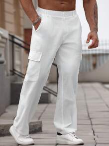 Manfinity Homme Men's Solid Color Cargo Style Casual Large Pocket Summer Pants, Fall - White - View 4