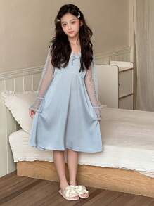 DAZY Tween Girl Patchwork Dot Mesh Flared Sleeve Dress Loungewear - Blue - View 4