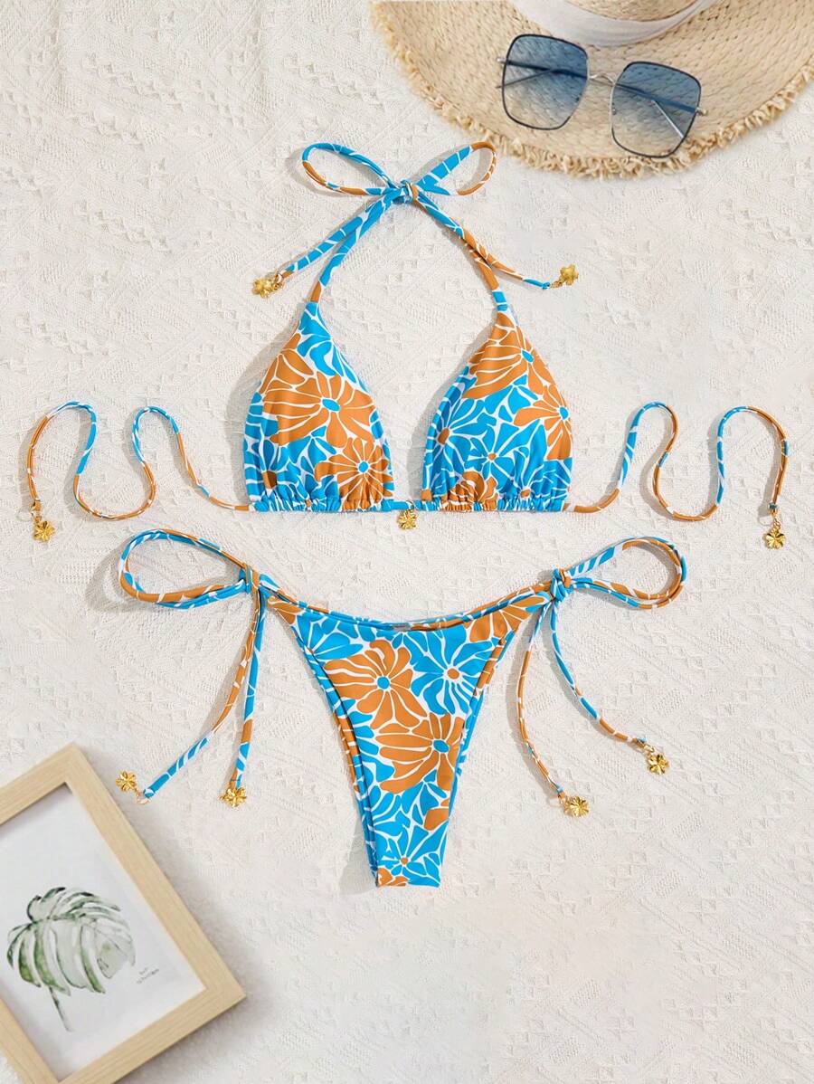 Women Retro Daisy Print String Tie Halter Neck Tankini Swimsuit Set For Summer Beach Vacation - Multicolor - View 1