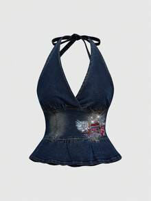 ROMWE Vintage Streetwear Y2k Sexy Heart Vine Crown Wing Rose Print Rhinestone Distressed Washed Denim Spaghetti Strap Cami Top For Women Dark Blue - Blue - View 1
