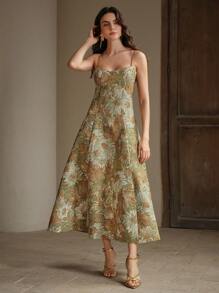 Anewsta Women's A-Line Painting Style Spaghetti Strap Party Dress, New Arrival - Coffee - View 3