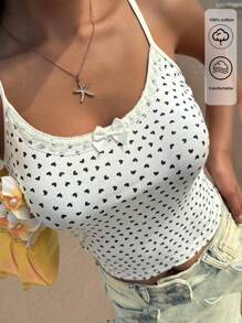 SHEIN EZwear Women's Summer Clothing Home Sweet Casual Knitted Elastic Beige Love Polka Dot Print Pattern Splicing Lace Lace Bow Decoration Camisole, Comfortable, Breathable And Soft - Beige - View 1