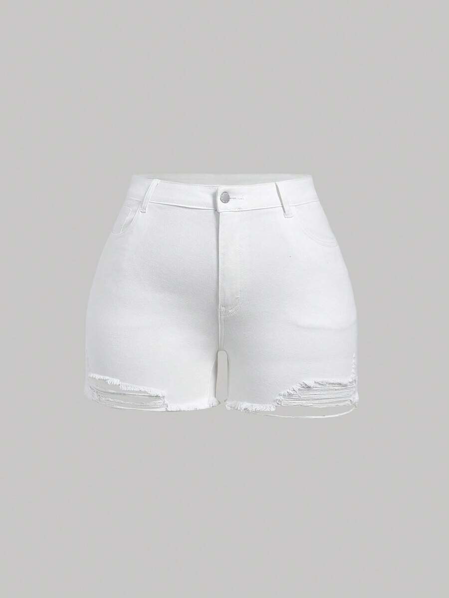 SHEIN EZwear Quần short denim nữ cỡ lớn, bó sát, co giãn, rách, thường ngày, màu xanh lam - trắng - Xem 1