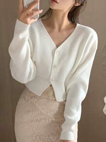 DAZY Áo len cardigan thắt eo màu trơn thường ngày cho nữ, thu/đông, dài tay - trắng - Xem 6