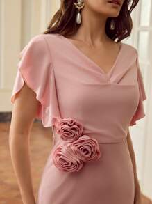 ZEYLAH Women's Elegant 3D Floral Color Block Ruffled Sleeve Dress - Pink - View 1