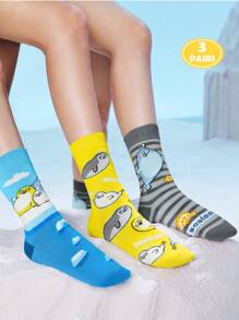 SEALOOK X SHEIN 3 Pasang Kaos Kaki Wanita Motif Kartun Lucu, Lembut, Menyerap Keringat, dan Bernapas, Ujung dan Tumit Diperkuat, Desain Unisex untuk Semua Musim dengan Motif Garis-garis, Lautan, dan Anjing Laut - MultiWarna - View 2