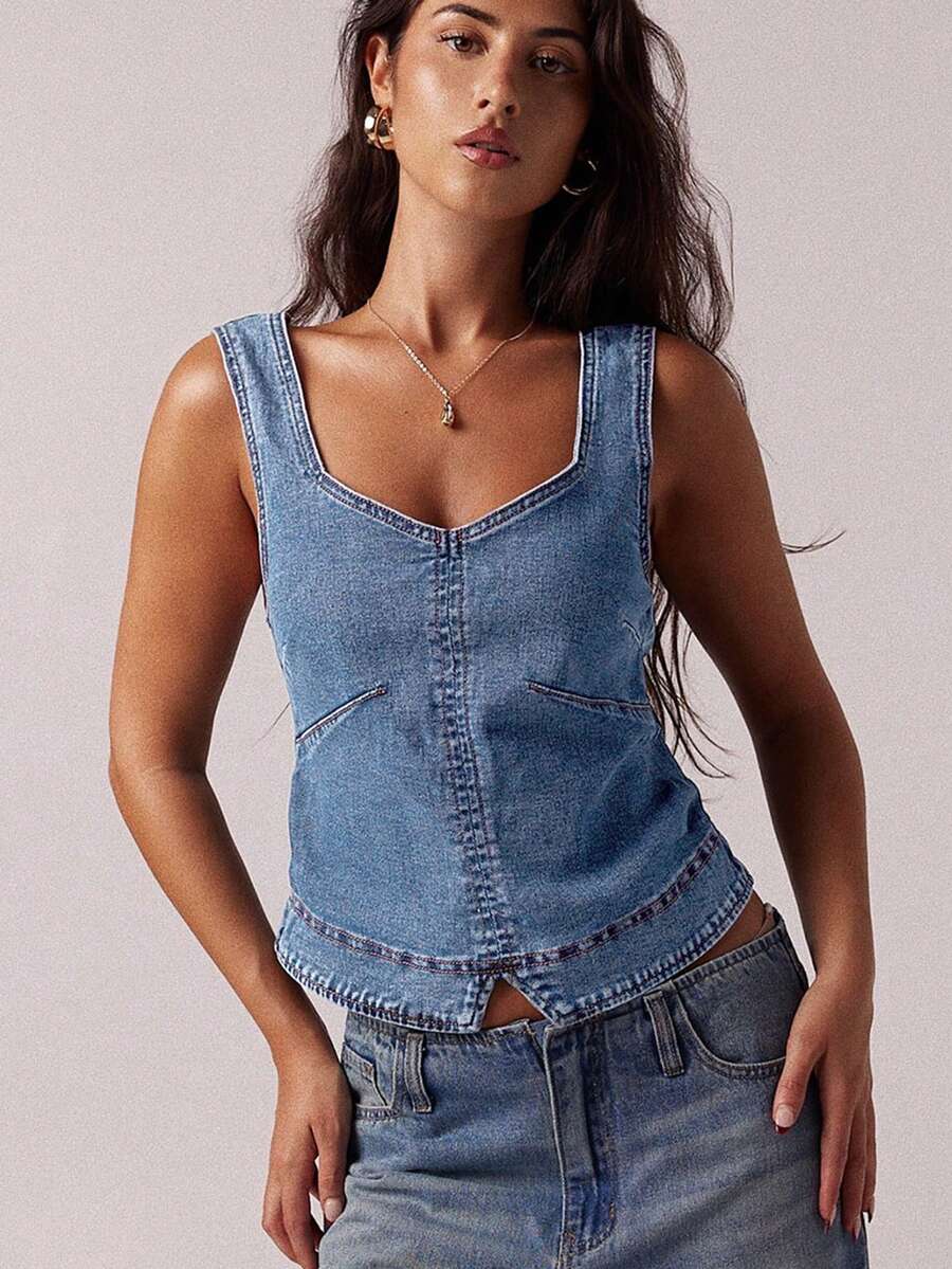 SHEIN Forever 21 春夏女士浪漫/舞会/正式/生日/90 年代/商务休闲/优雅/西部装/外出/时尚/休闲/Y2K/俱乐部/办公室/鸡尾酒会/复古/狂欢/有趣/优雅/老钱/街头服饰/度假/乡村音乐会/工作/端庄/春假/单身派对/音乐会/坏人/基本款/毕业/蓝色水洗修身甜美领牛仔上衣 - 藍色 - 查看 1