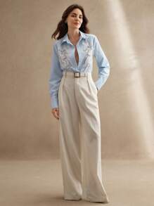 Anewsta 女式设计水钻亮片装饰纽扣衬衫 - 藍色 - 查看 7