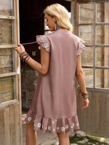 LanaWest Women's Casual Colorblock Floral Print Cap Sleeve Tied Tassel Hem Midi Dress, Spring/Summer - Khaki - View 2