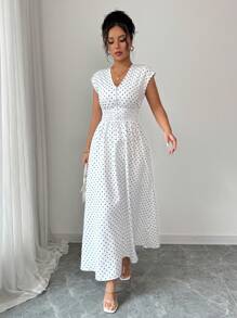 SHEIN Unity Elegante vestido con estampado de lunares azul y blanco, sin mangas, con fruncido, cordón en la cintura y cierre delantero para mujeres jóvenes - Azul y blanco - Ver 4