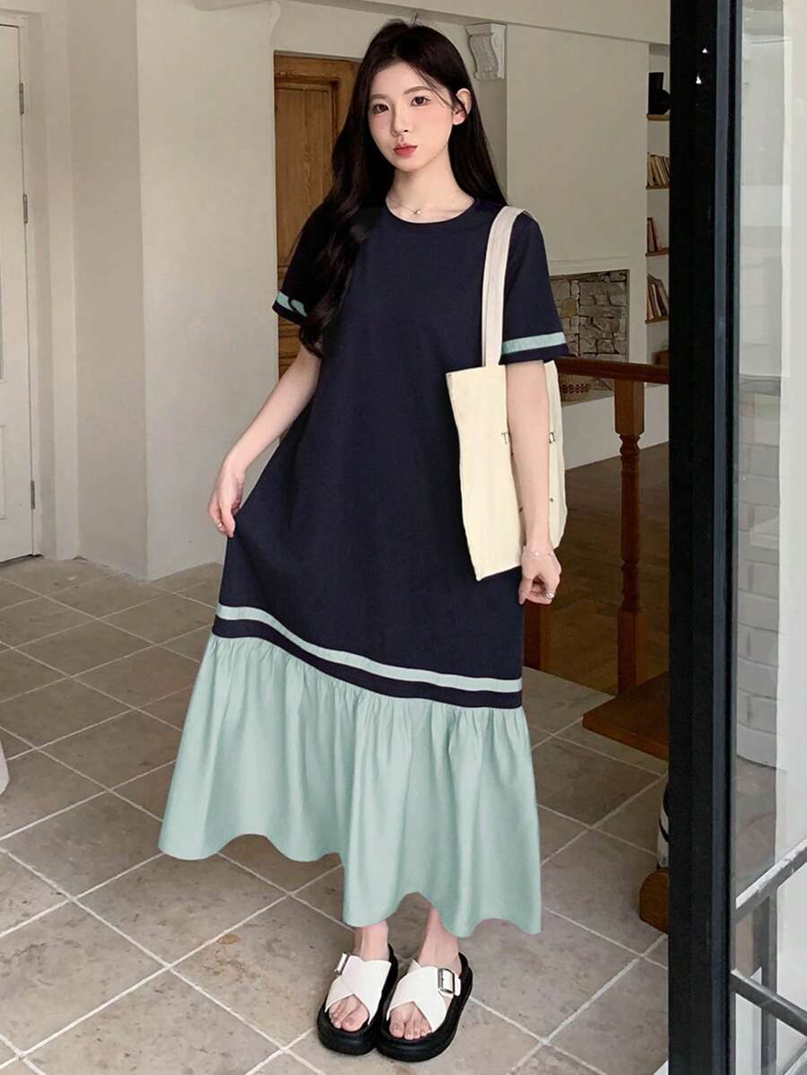 DAZY 女士撞色圆领短袖夏季荷叶边下摆休闲连衣裙、教师装 - 綠色 - 查看 1