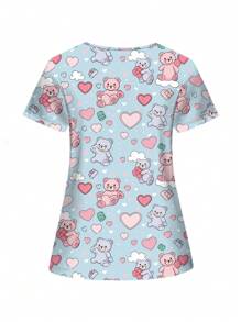 PopScrub 卡通熊心女士短袖护理制服上衣，手术服衬衫