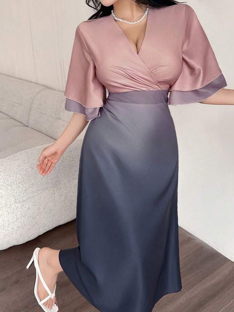 Women's Elegant Ombre Waist Midi Dress, Summer,Ruffle