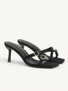 CUCCOO CHICEST 女士夏季新款闪亮水晶心形扣带方头细高跟鞋优雅简约时尚黑色仿麂皮高跟凉鞋，适合下午茶、约会、度假 - 黑色 - 查看 1