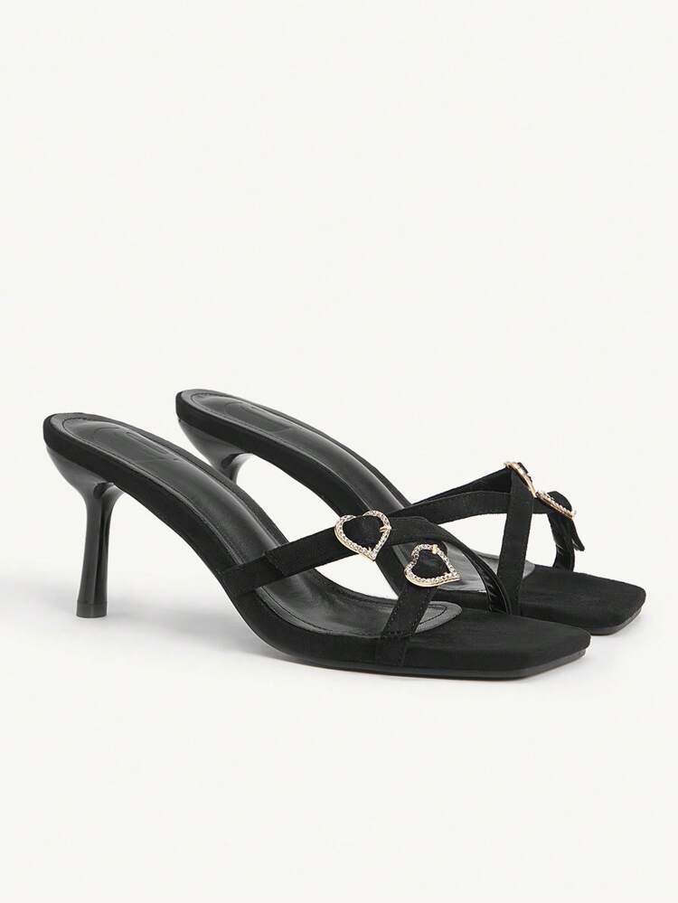 CUCCOO CHICEST Women's Summer New Sparkling Crystal Heart-Shaped Buckle Strap Square Toe Stiletto Heel Elegant Minimalist Fashion Black Faux Suede Heeled Sandals, Suitable For Afternoon Tea, Date, Vacation