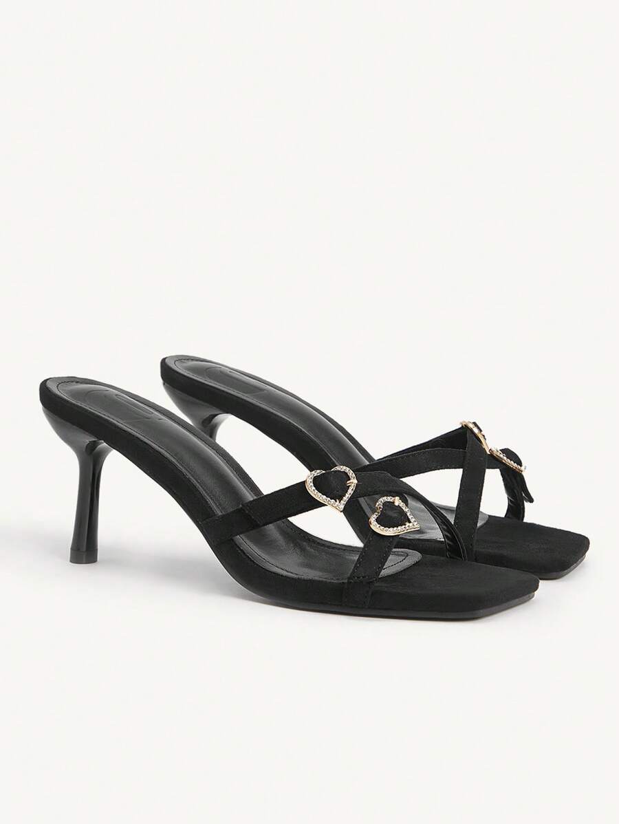 CUCCOO CHICEST 女士夏季新款闪亮水晶心形扣带方头细高跟鞋优雅简约时尚黑色仿麂皮高跟凉鞋，适合下午茶、约会、度假 - 黑色 - 查看 1