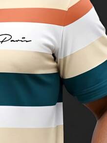 Manfinity Homme Plus Size Men's Summer Letter & Striped Short Sleeve Casual Commuting Polo Shirt - Multicolor - View 3